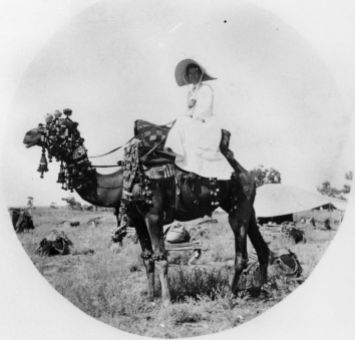 Unidentified woman on a camel, ca. 1880, Queensland. Source: State Library of Queensland, hdl.handle.net/10462/deriv/112217